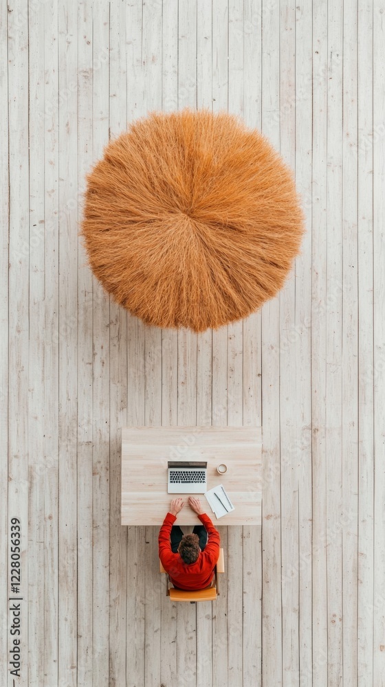 Poster minimalist office design overhead view of wooden desk with laptop and documents in bright workspace 