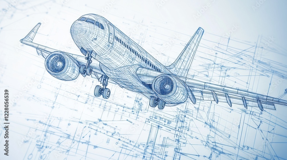 Fototapete blueprints illustrating a detailed design of an airplane showcasing structural and aerodynamic featu