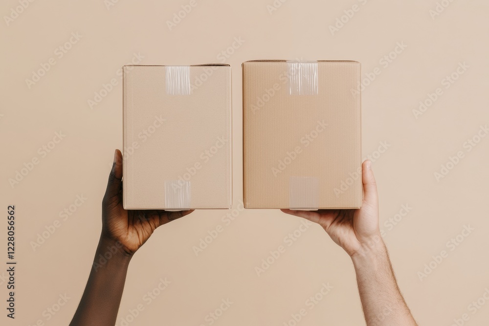 Poster minimalist delivery visual diverse hands holding cardboard packages - seamless logistics and user ex