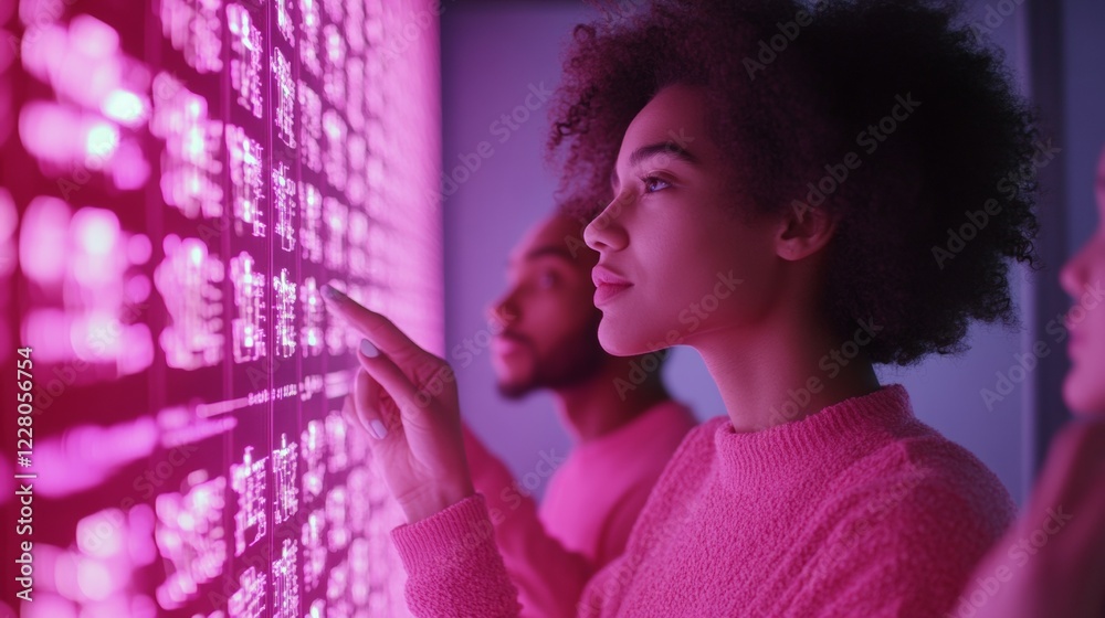 Aufkleber Futuristic Digital Workspace Diverse Team Engaged with Interactive Neon Holographic Displays - Enhancing Tech Innovation and Collaborative Strategies in Modern Business