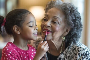 Intergenerational Lip Care Harmony Granddaughter and Grandmother Sharing Lipstick in Cozy Home - Authentic Family Bonding and Lifestyle Content for Cosmetics Marketing