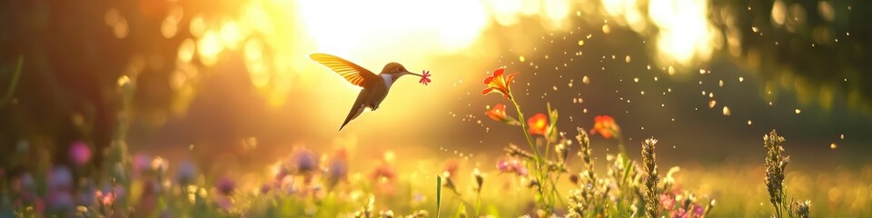 Fototapeta premium Hummingbird bird on a background of flowers. Selective focus