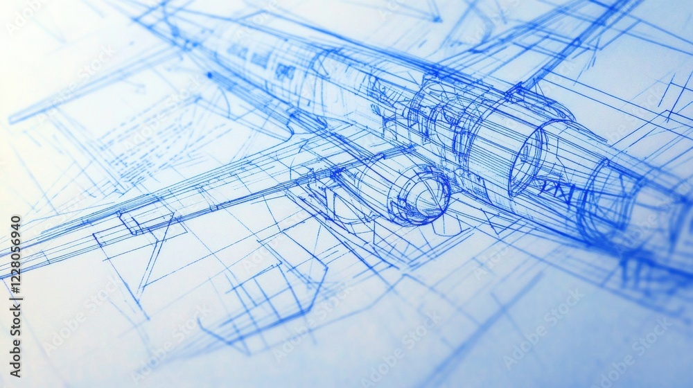 Fototapete technical blueprints showcasing detailed design and engineering of an airplane in a workspace. gener