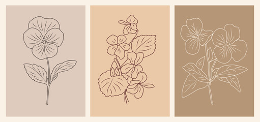 One Line Drawing Violet Flowers Print Set. February birth month flowers outline vector sketch on terracotta backgrounds