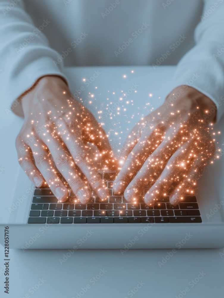 Poster cyber aesthetic illuminated hands typing on sleek laptop amid digital networks - secure remote acces