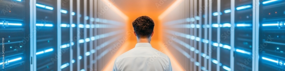 Poster futuristic it infrastructure glowing blue data protection in modern server room with racks and emerg