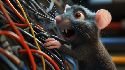 Mouse eating wires. Selective focus