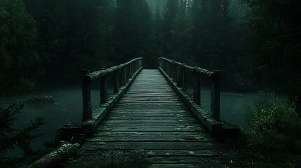 Fototapeta premium a wooden bridge stretching into a dense, misty forest