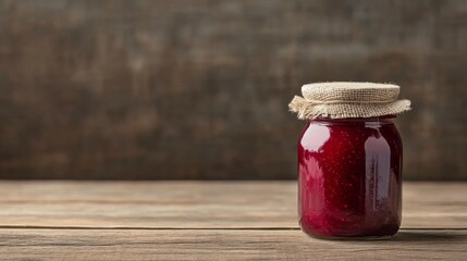 Homemade raspberry jam in a glass jar on wooden table. (1)