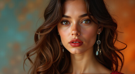 Fototapeta premium Portrait of a beautiful young woman with freckles. Her gaze is captivating, drawing the viewer in with an air of confidence and mystery.