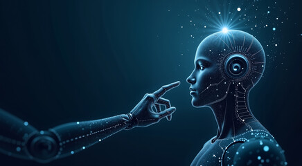 Awakening of Artificial Intelligence. A robotic hand touches a humanoid robot's face, symbolizing the activation or awakening of AI.