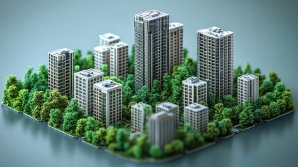 Model Cityscape of Modern Skyscrapers Surrounded by Lush Green Trees and Natural Landscape