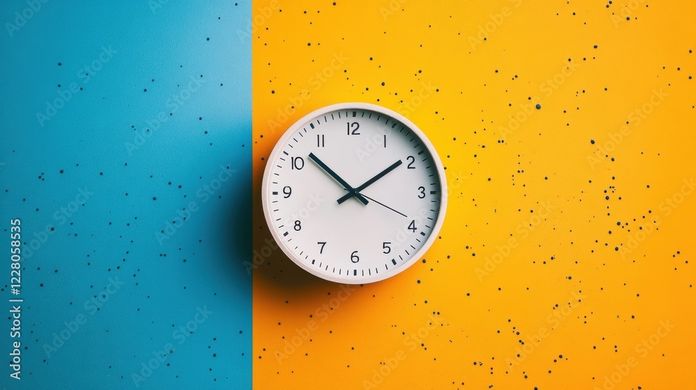 Aufkleber clock placed on a vibrant blue and yellow background showing the time in a modern design. generative