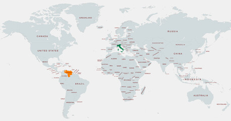 Highlighted World Map Featuring Venezuela and Italy Locations Marked