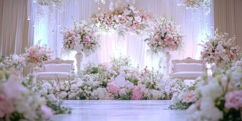 The interior of a beautifully decorated wedding chapel with floral arrangements on the altar and aisle, ready for a bride and groom's vows.