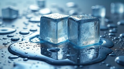Fresh ice cubes melting on a reflective wet surface with large water droplets	