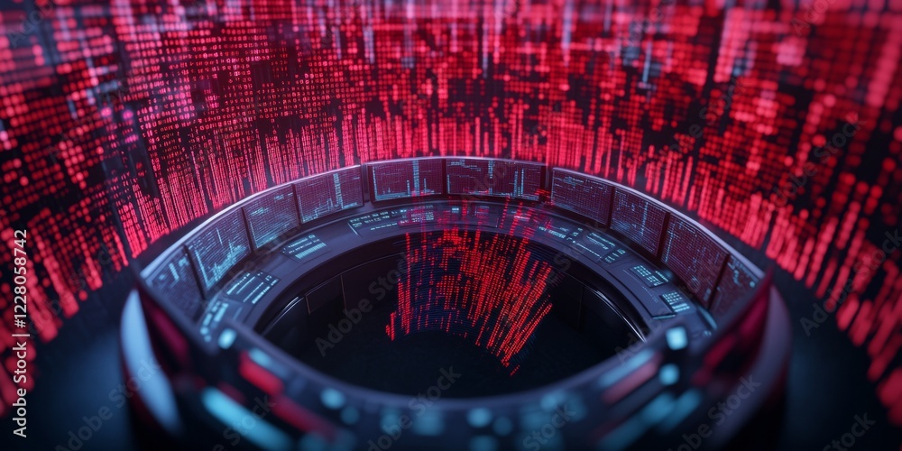 Poster futuristic trading floor mockup holographic stock charts and data in metallic workspace - tech innov