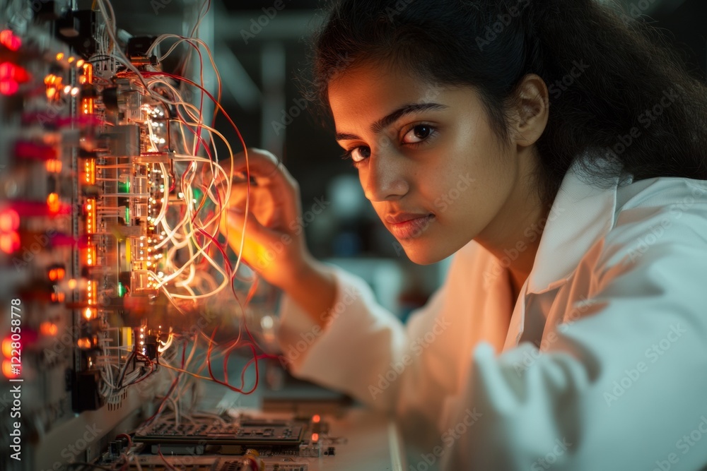 Aufkleber tech-chic electrical lab setup indian female student engaged in circuitry with multimeter and solder
