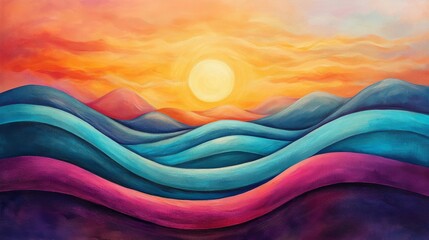 Vibrant sunset waves blending orange, magenta, and turquoise in a dreamy, fluid motion 