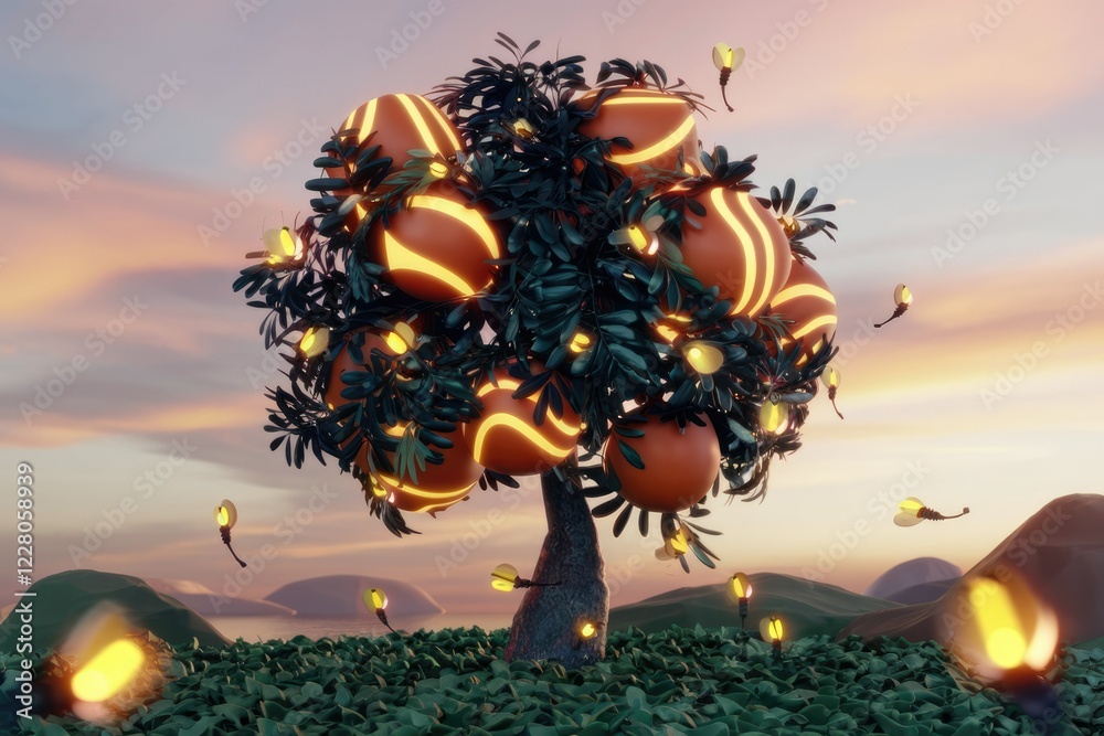 Poster glowing orbs adorn a mystical tree at sunset, illuminated by fireflies in a surreal landscape.