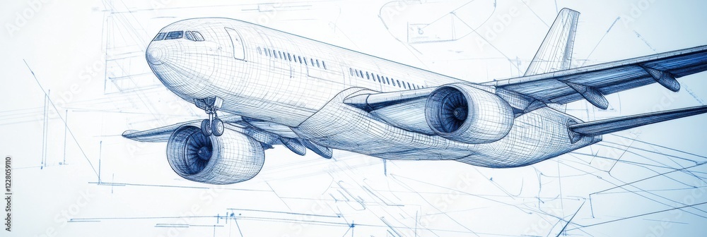 Aufkleber technical blueprints showcasing intricate design details of a commercial airplane with engines and s