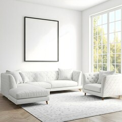 A bright and airy living room bathed in natural light from large,paned windows overlooking a lush garden. The room is anchored by a plush, light colour sectional sofa adorned with soft, neutral pillow