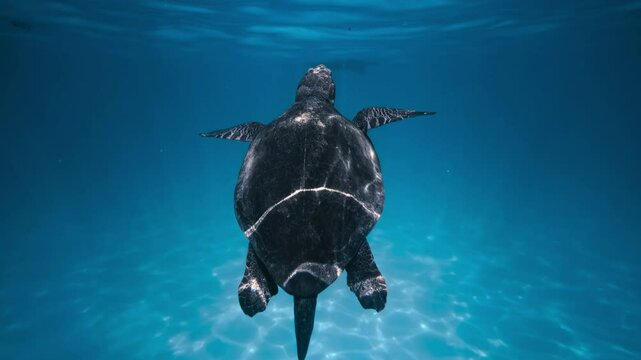Dark-Shelled Sea Turtle Swimming Underwater, Viewed from Above