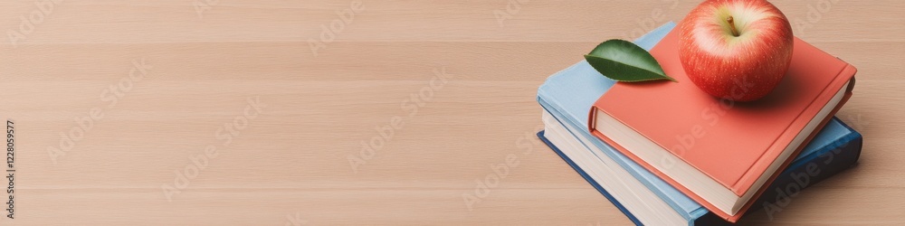 Poster rustic academia stack of hardcover books with apple on minimal wood surface - educational branding a
