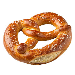 A golden-brown pretzel, sprinkled with sesame seeds, isolated on a transparent background.