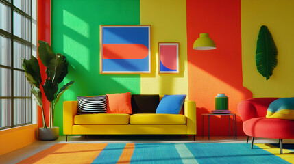 Brightly painted wall with bold colors creates a lively, cheerful atmosphere in the cozy room