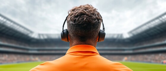 Tech-Enhanced Refereeing Dynamic Sports Official with VAR Headset in Minimalist Stadium - Modern Fair Play Visualization and Athletic Event Oversight