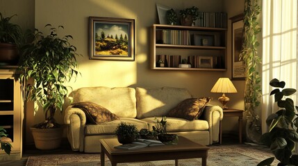 A comfortable living room with a cozy sofa, practical shelving unit, lush houseplants, and warm, inviting lamps fills the space with a sense of comfort and tranquility. 