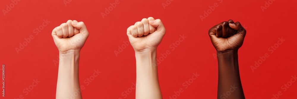 Poster bold minimalist unity concept diverse hands in fist gesture on bold red backdrop - social movement m