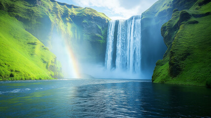 Fototapeta premium A vibrant rainbow stretching across a majestic waterfall, its colors reflecting in the mist and creating a stunning natural spectacle