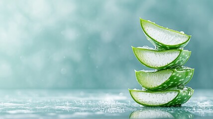 Fresh aloe vera slices stacked on reflective surface with soft green bokeh background