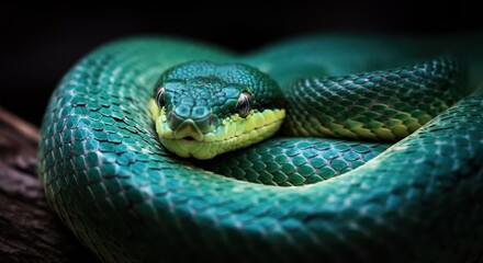Fototapeta premium Close-up of a green snake resting on a branch in a natural habitat