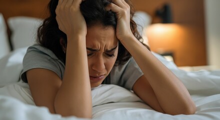Woman expressing emotional distress while lying in bed, conveying feelings of anxiety