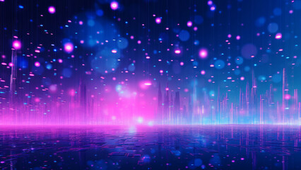 Fototapeta premium Pink and blue lights creating a futuristic cityscape reflecting on wet pavement under digital rain