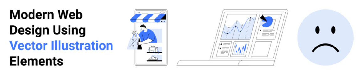 Online store vector with storefront, laptop displaying analytics, simple sad face icon. Ideal for web design, e-commerce, analytics, UX, emotion mapping, branding flat landing page banner