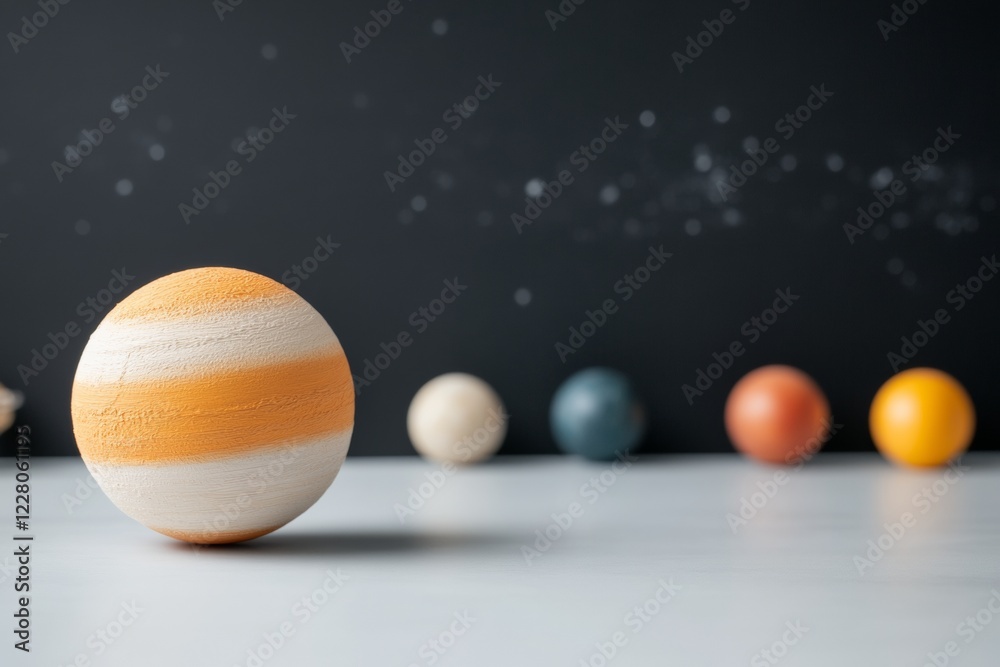 Poster retro-futuristic classroom decor vibrant planetary models and rocket designs on sleek white surface 
