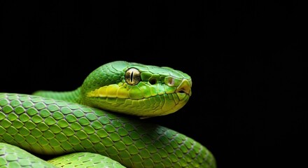 Obraz premium Close-up of a vibrant green snake with striking scales and intense eyes