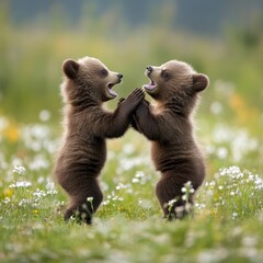 Obraz premium Two playful bear cubs engage in a joyful interaction amidst a meadow filled with wildflowers, capturing the essence of innocence and nature's beauty.