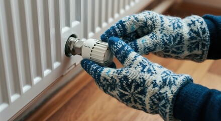Person adjusting a radiator valve while wearing cozy winter gloves