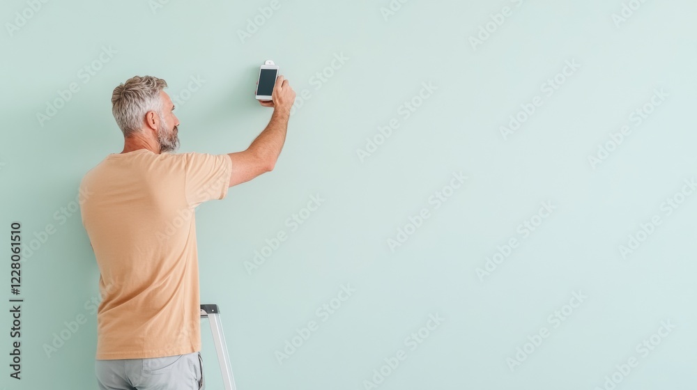 Aufkleber sleek smart home security setup middle-aged man installing white smart camera on minimalist wall - e