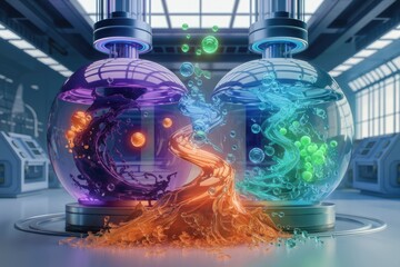Vibrant liquids swirl and mix in a futuristic laboratory setting, creating a mesmerizing visual spectacle.