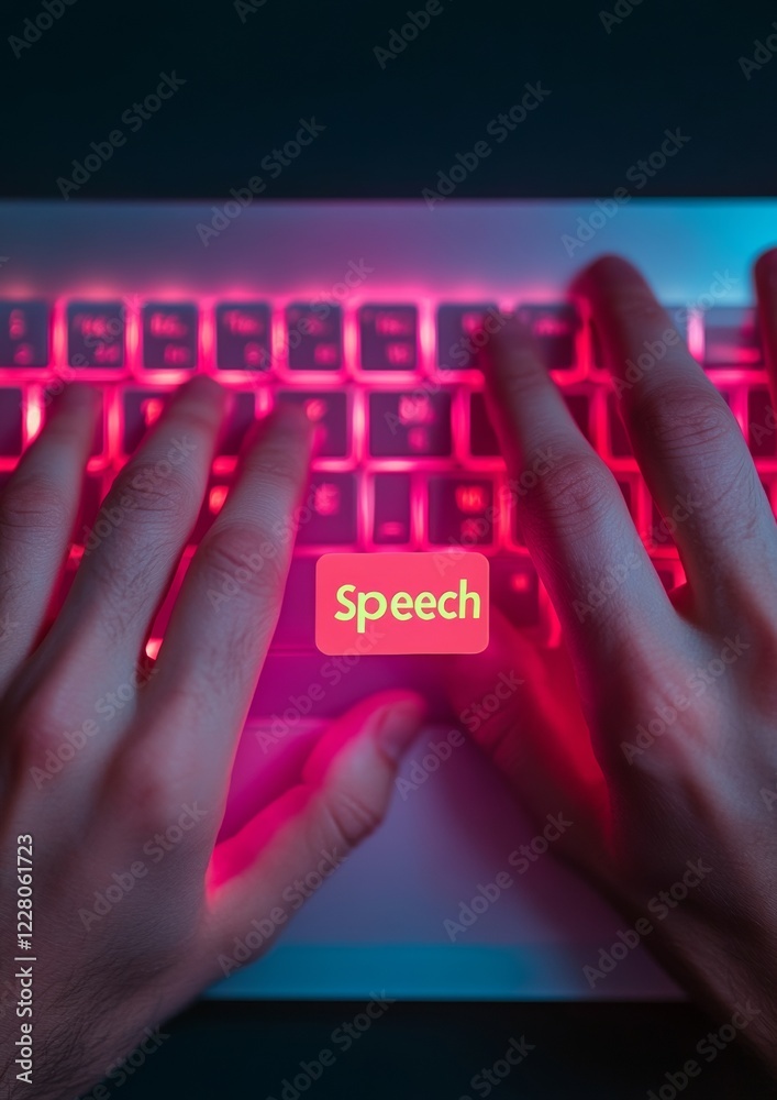 Poster neon tech activism close-up hands on rgb led keyboard with speech sticker - empowering net neutralit