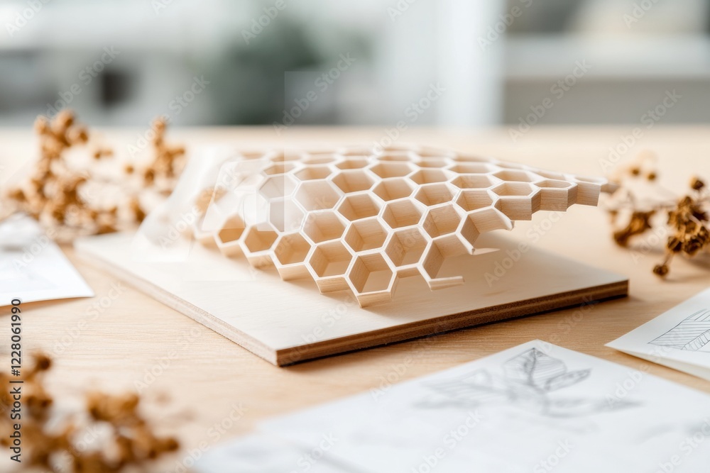Poster Honeycomb-Inspired Biomimicry Architecture Sleek Hexagonal Panel Structure on Wood - Sustainable Design for Modern Real Estate Innovation and Eco-Friendly Building Solutions