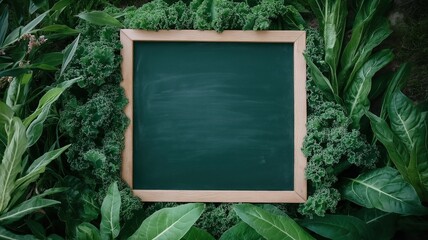 Blank chalkboard surrounded by fresh green leaves and kale