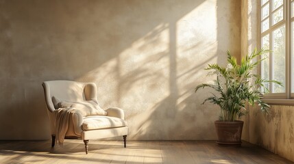 Fototapeta premium Sunlight streams into a room, illuminating a comfortable armchair and a potted plant. A tranquil scene of serenity and calm.