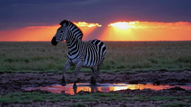 zebra at sunset drinking from a hole in the ground, in the style of impressive panoramas, sparkling water reflections
